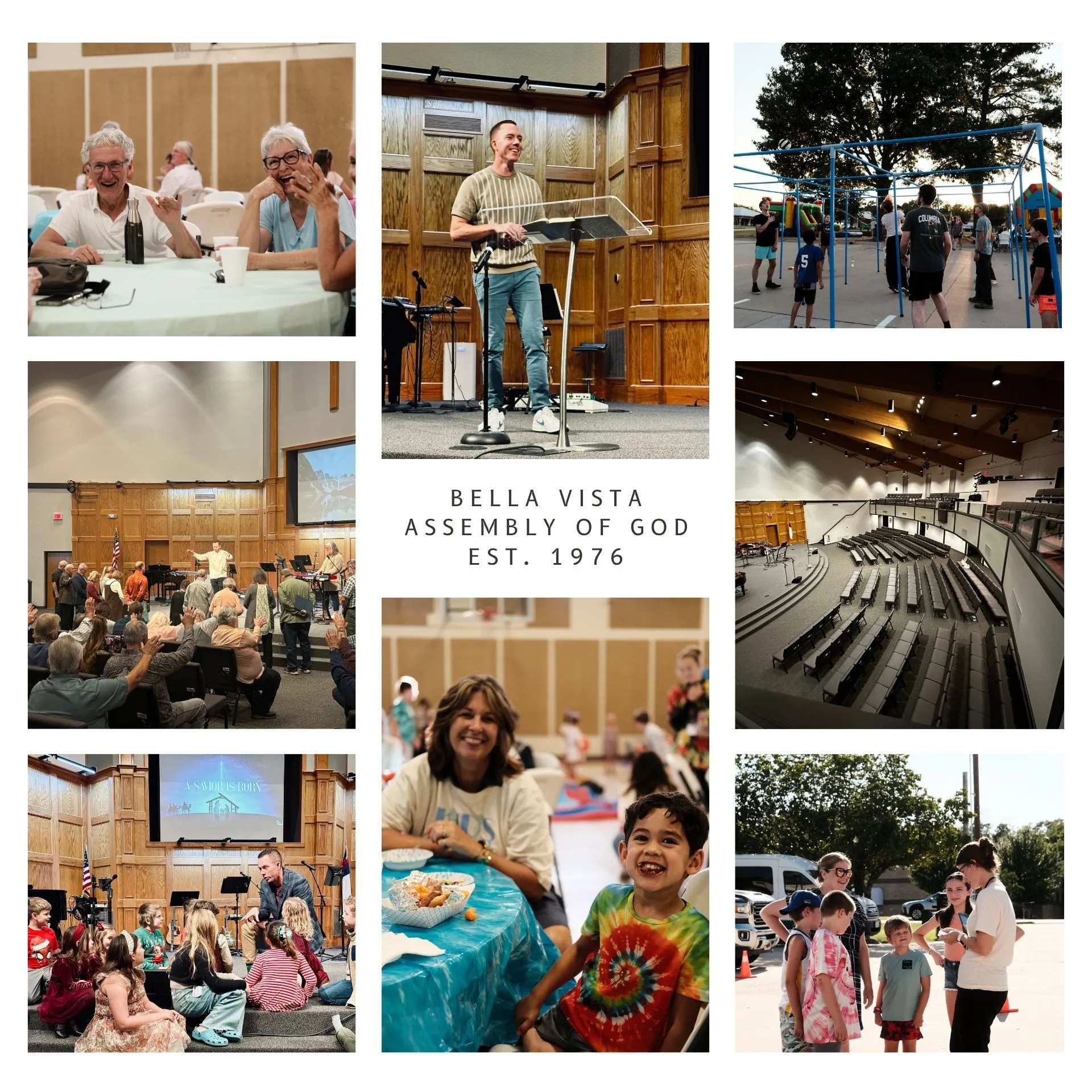 Collage of Bella Vista Assembly of God worship, gatherings, children, and community life